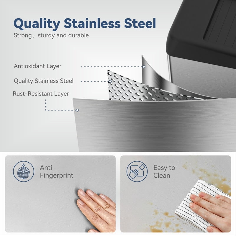 AUKTOPT 8 Gallon Motion Sensor Trash Can with Wheels, Stainless Steel Automatic Garbage Bin with Sliding Row Up Lid, Touchless Hands-Free Soft-Close, Silver