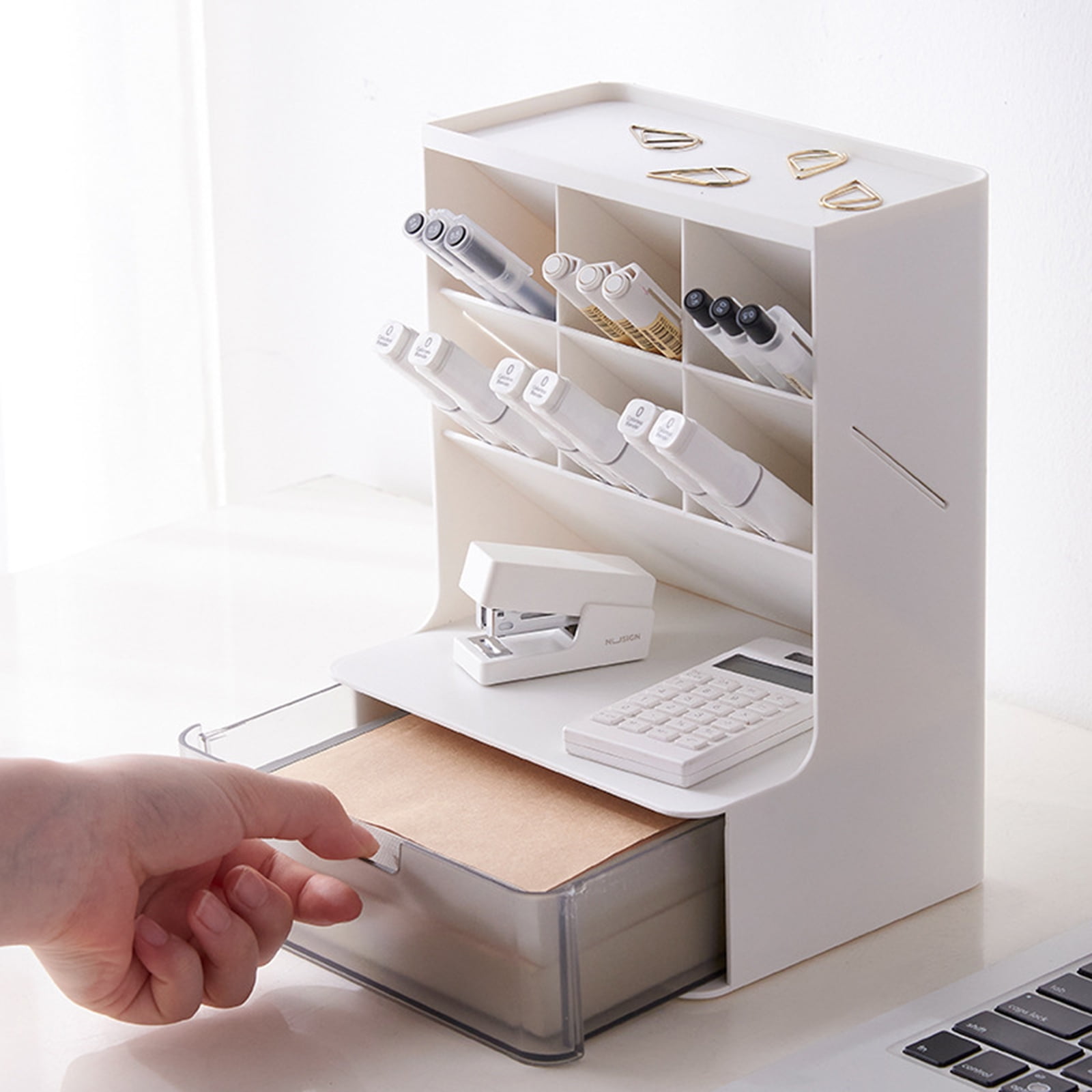 Desktop Pen Organizer with Drawer Stacking Cosmetic Storage Holder Makeup Organizer for Bedroom Office Desk Pen Holder