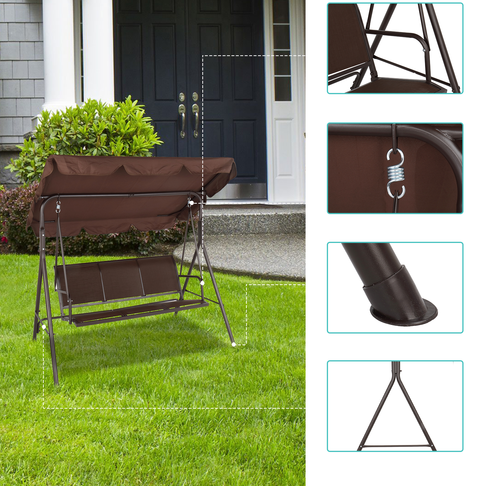 Goorabbit Swing Chair,Outdoor Hanging Bench,Swing Chair With Canopy Teslin Cushion 550lbs Load-Bearing Iron,66.93x 59.84x 26.35",Brown - image 4 of 14