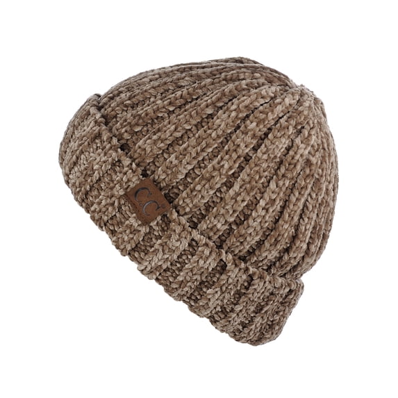 C.C Unisex Chenille Soft Warm Stretchy Thick Cuffed Knit Beanie Cap Hat-Taupe