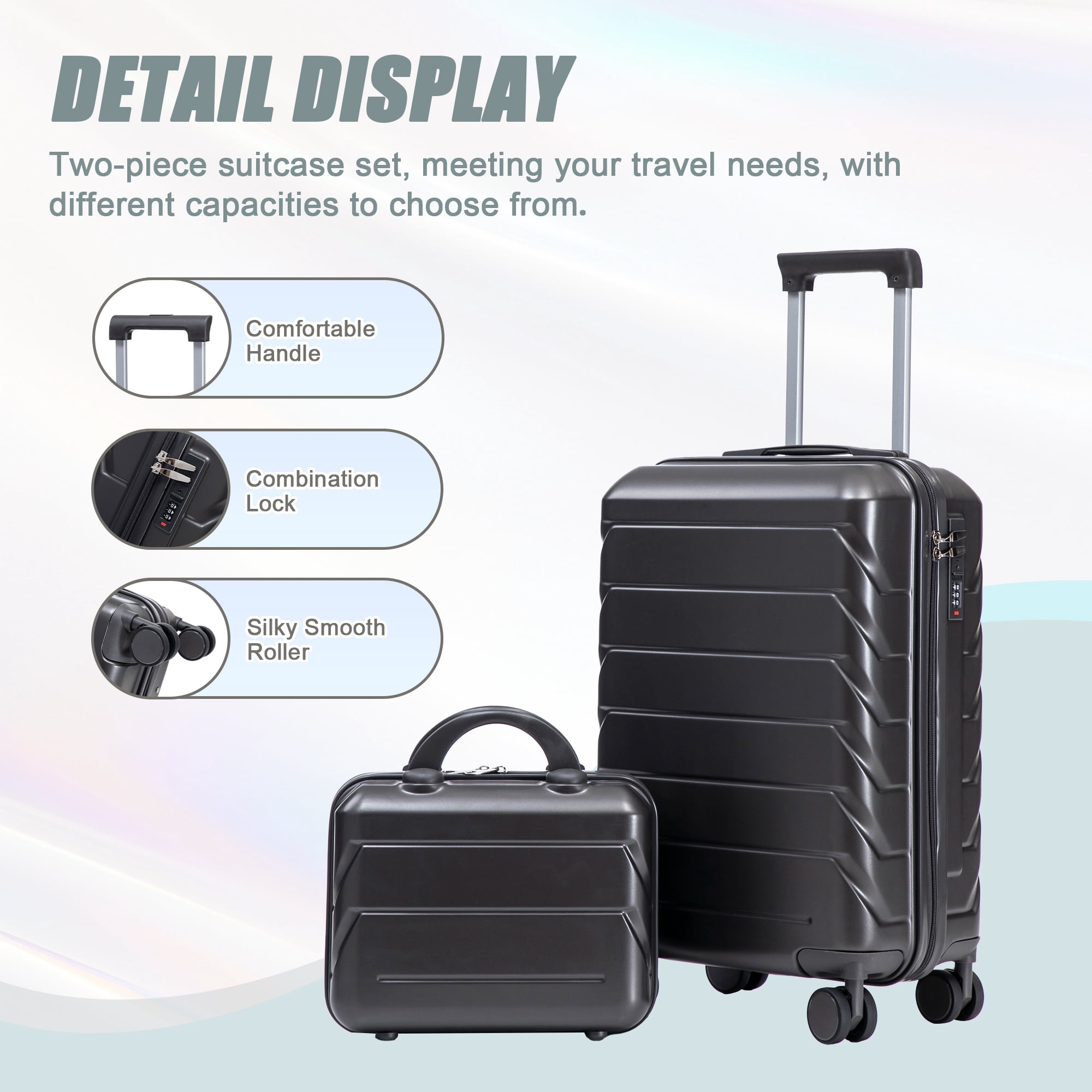 Alvantor 2 Pcs Luggage Set with Combination Lock, 20" ABS Spinner Suitcase & 14" Cosmetic Case, Dark Gray