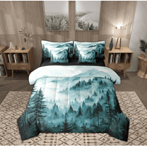 Manfei Farmhouse Nature Scenery Bedding Comforter Set 7-Piece, Teal Rustic Watercolor King Bedding Sets, Teen Kid Adult Reversible Bed Sheets, Microfiber Bedroom Decor