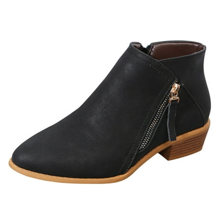 

Women Non-Slip Solid Color Hight Heels Zipper Round Toe Short Booties Shoes