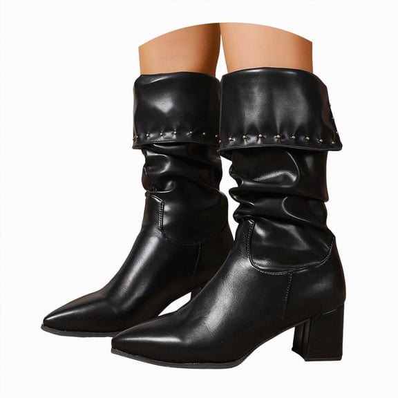 UngA Womens Boot Fashion Casual Knee-High Flat Heel Winter Boots for Women Mid Calf Black,Size 7.5