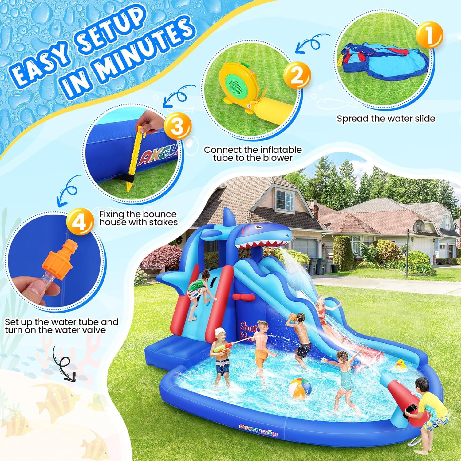 Veeboto Inflatable Water Slide with 480W Blower, Indoor and Outdoor Shark Design Bouncy House with Slide, Climbing Wall, Pool, Water Cannon, Water Park Suitable for Ages 3-8