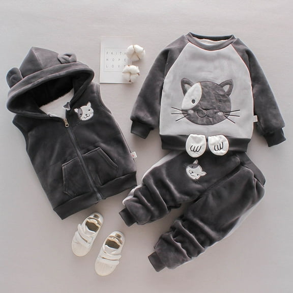 XUELUO Toddler Boys Casual Outfit Sets Baby Girls 3 Pieces Sets Cute Print Long Sleeve Sweatshirts   Hooded Vest Jacket   Elastic Waist Clothing Holiday Wear
