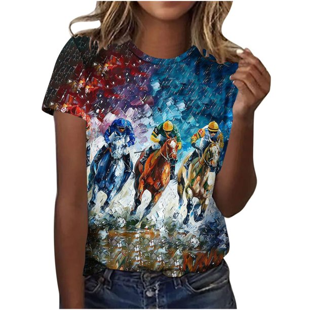 Tops de Cuello Redondo para las Mujeres, Nuevo Suéter de Manga Corta, Caballo Casual Impreso Top Camiseta