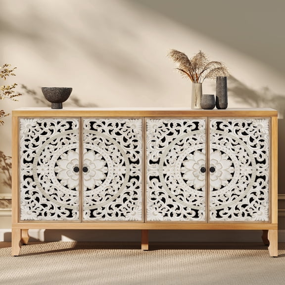 VineSparkle Floral Carved Buffet & Sideboard Cabinet,Elegant Accent Cabinet with Adjustable Shelves, Solid Wood Legs & Intricate Handles for Dining Room,living room Storage