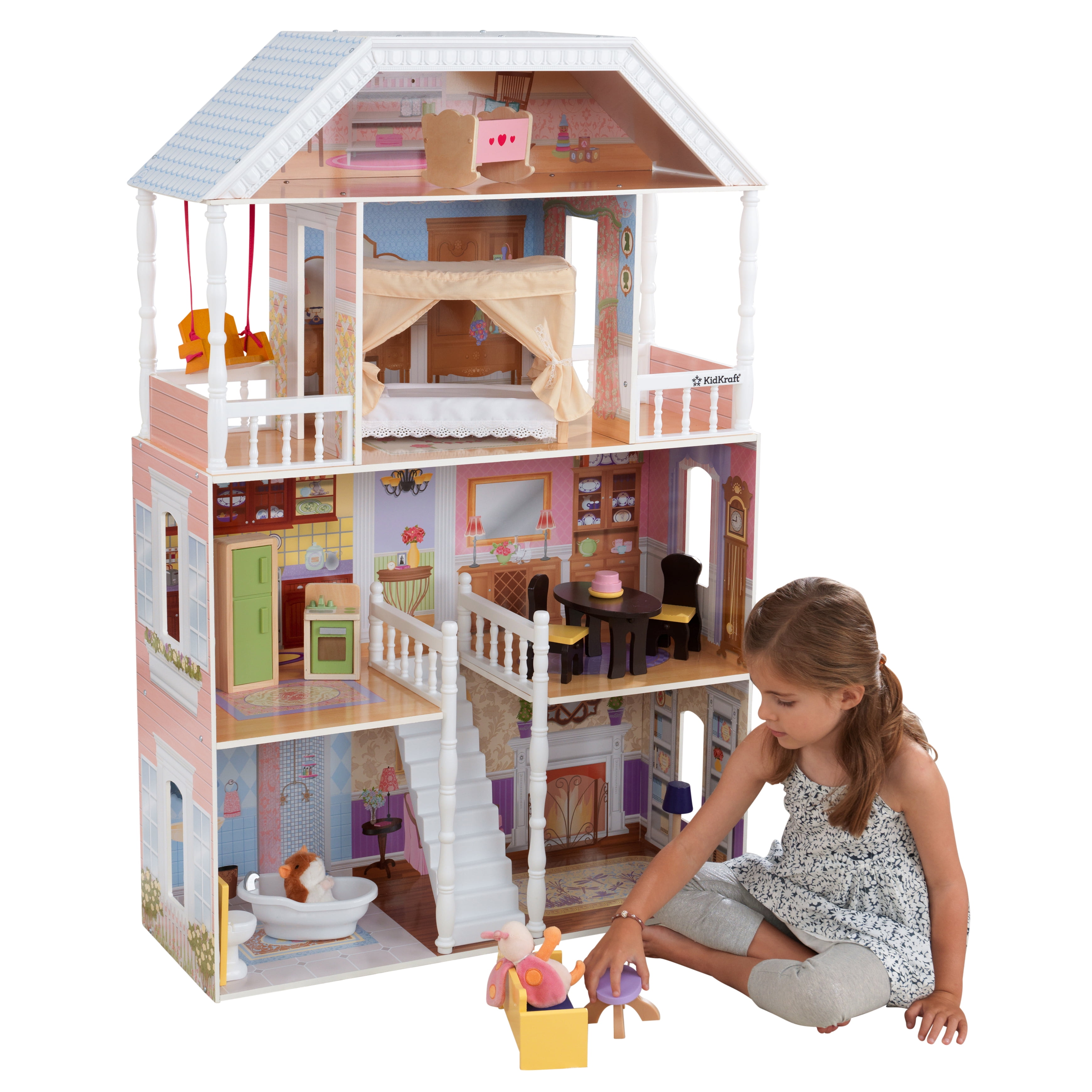 wooden dollhouse with accessories