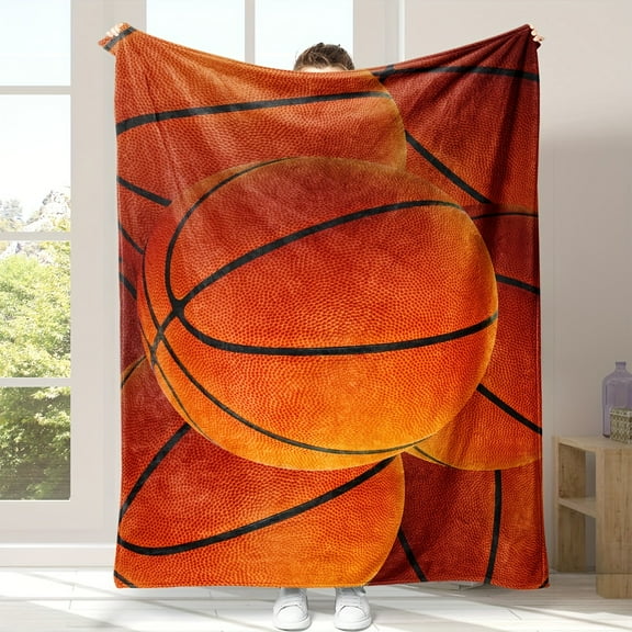 Basketball Printed Flannel Blanket – Soft Cozy All-Season Throw for Bed or Sofa Orange & Black Retro Design Machine Washable Allseason Blanket Vibrant Blanket Pattern Machine Washable Throw
