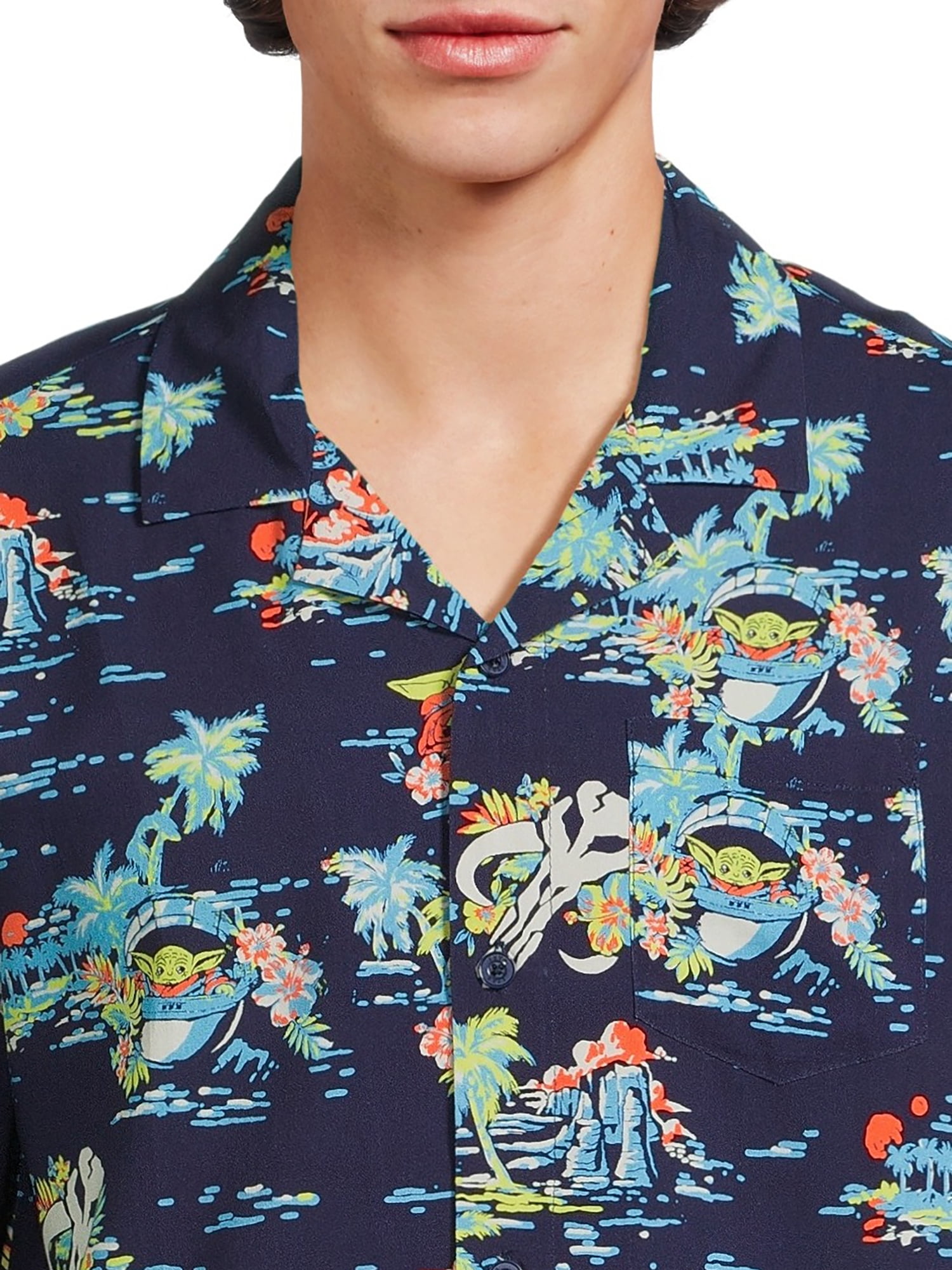 Star Wars Men’s and Big Men’s Tropic Baby Yoda Button Front Shirt with Short Sleeves, Sizes S-3XL