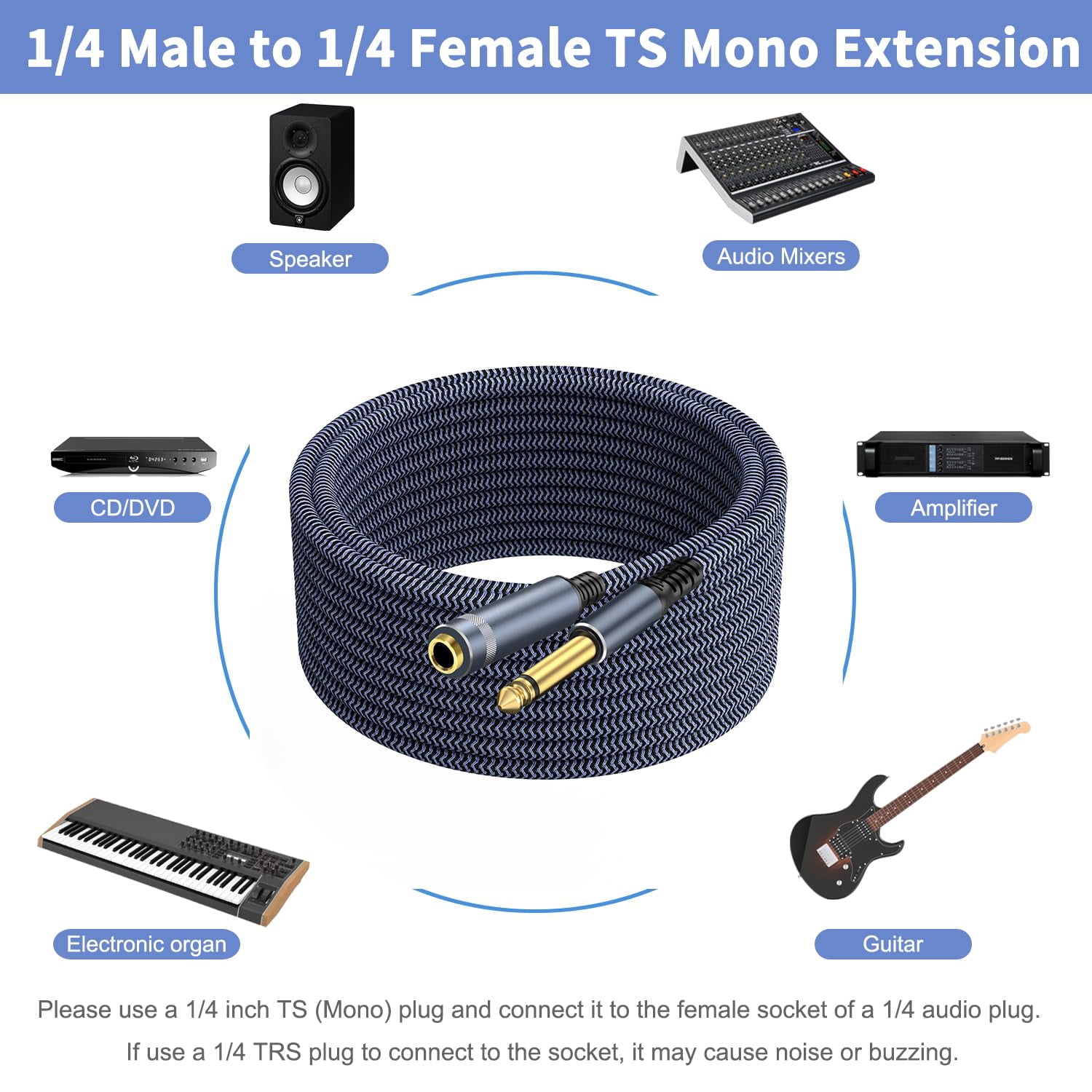 JJEAN-1/4 TS Male to Female Extension Cable 15ft, Guitar Extension Cable for Keyboard,Amplifier,Mixer,CD Player