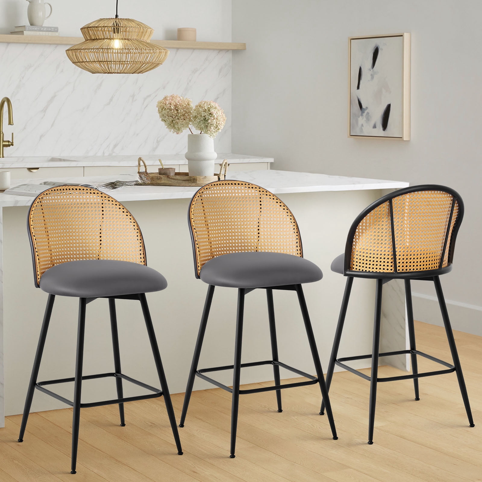 ANMINY Rattan Swivel Bar Stools, 26" Counter Height Set of 4, Upholstered Chairs Barstools with Full Back and Metal Legs Modern PU Fabric Seat for Kitchen Island