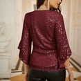 thumbnail image 5 of Rigardu shirts for women Womens Sequin Tops 3/4 Sleeve Glitter Sparkly Party Blouse V Neck Dressy Tops For Evening Party Wine + L, 5 of 5