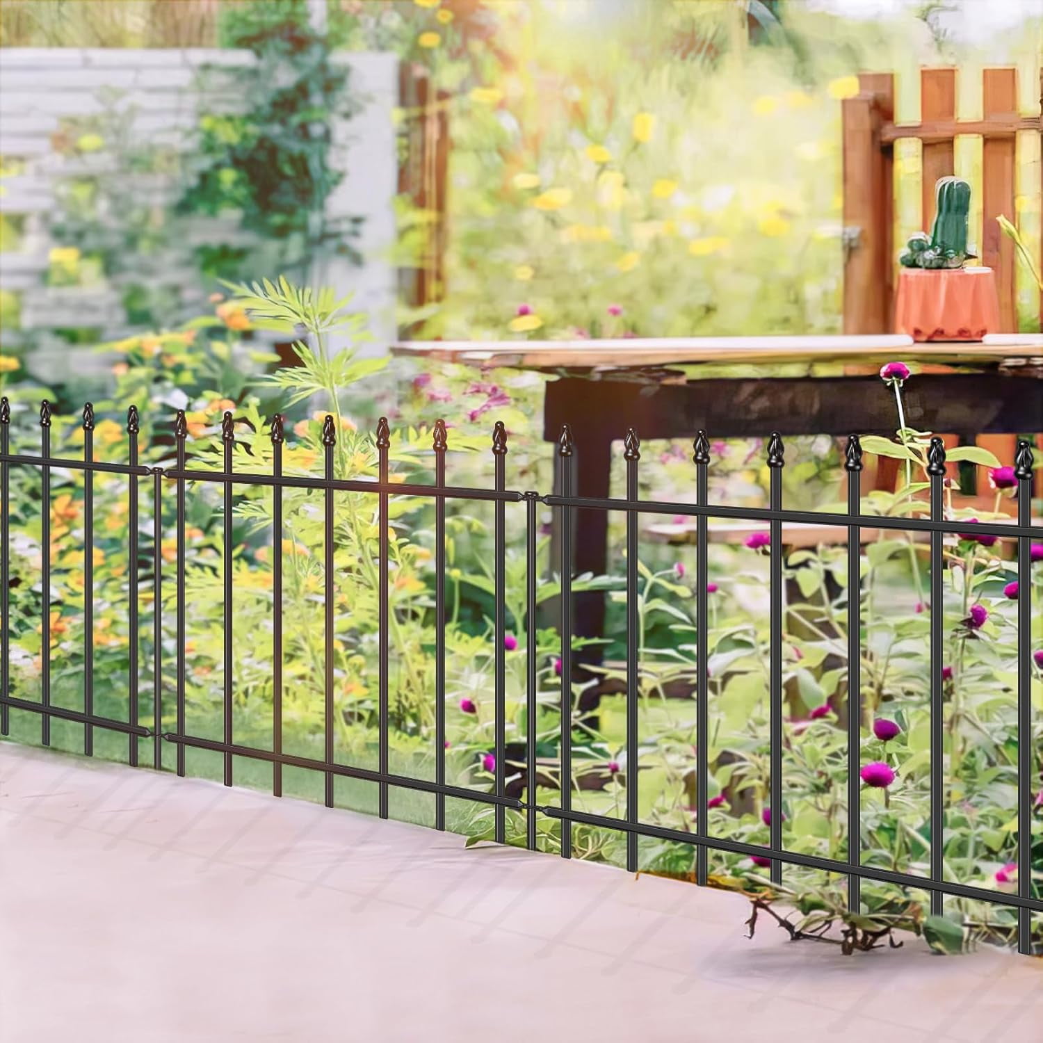 Decorative Metal Garden Fence Panels, 24 Inch High 10 Ft Long No Dig Border Fencing Animal Barrier for Dogs Yard Patio Flower Bed Lawn, 5 Panels and 6 Stakes, Black