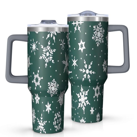 Green Christmas Snowflake Pattern Tumbler with Handle and Lid,40oz Double Wall Vacuum Insulated Tumbler,Cups Gift for Women and Men