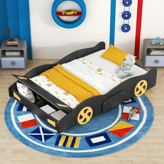 Full Size Race Car-Shaped Platform Bed with Wheels and Storage, Black Yellow