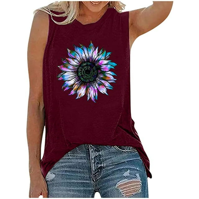 Birdeem Womens Tank Tops Casual Loose Fit Plus Size Sunflower Printed Tee Shirts