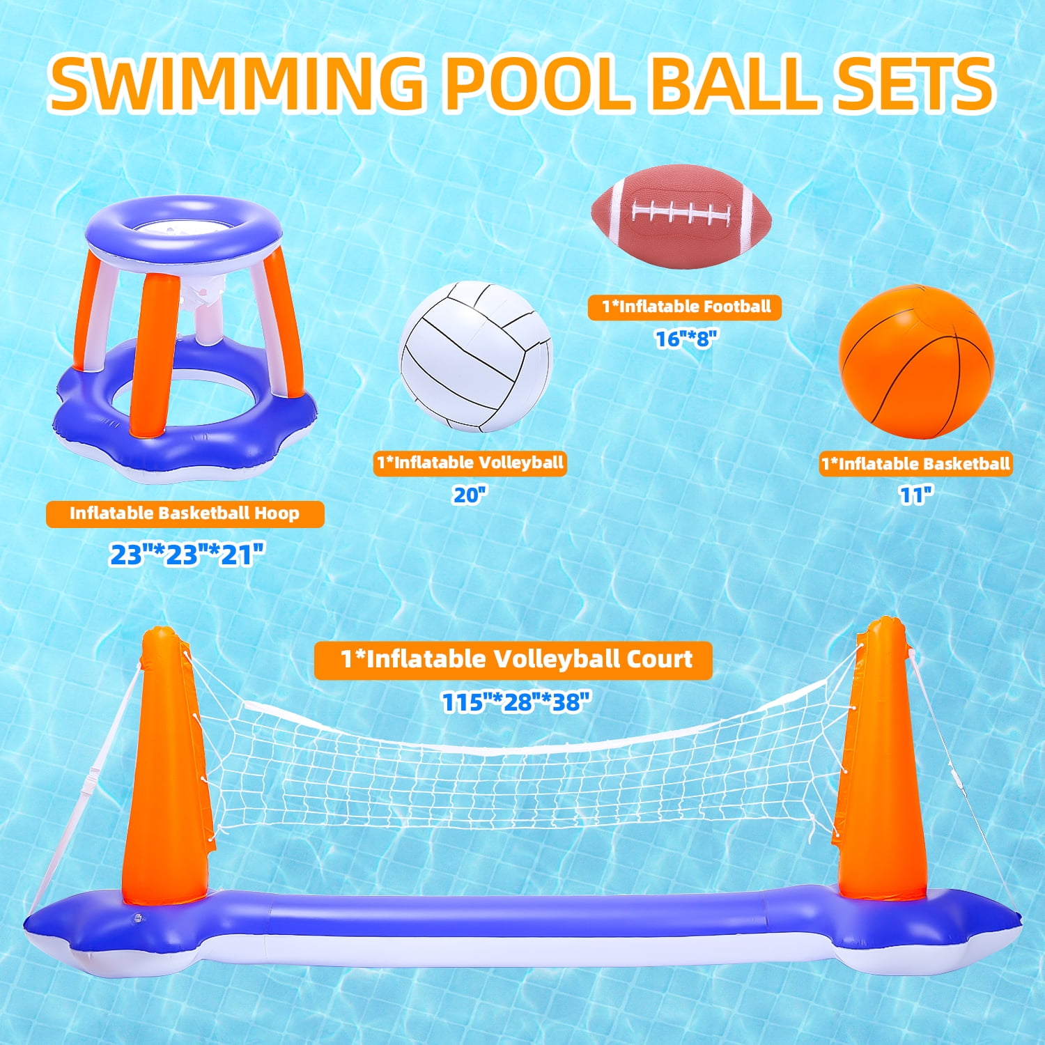 JoyStone Inflatable Pool Toys, 2-in-1 Swimming Pool Basketball & Volleyball Sets, Floating Basketball Hoop and Water Football, Summer Pool Game for Kids and Adults
