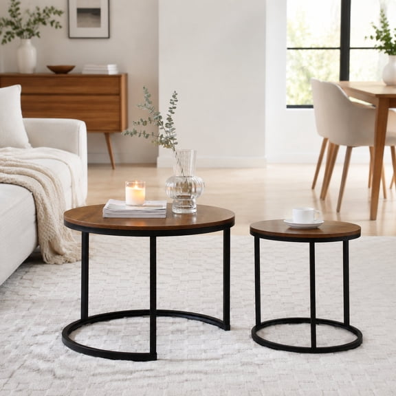 Set of 2 Round Nesting Coffee & Side Tables, Sturdy Metal Frame Modern Industrial for Living Room Bedroom - Coffee Tables