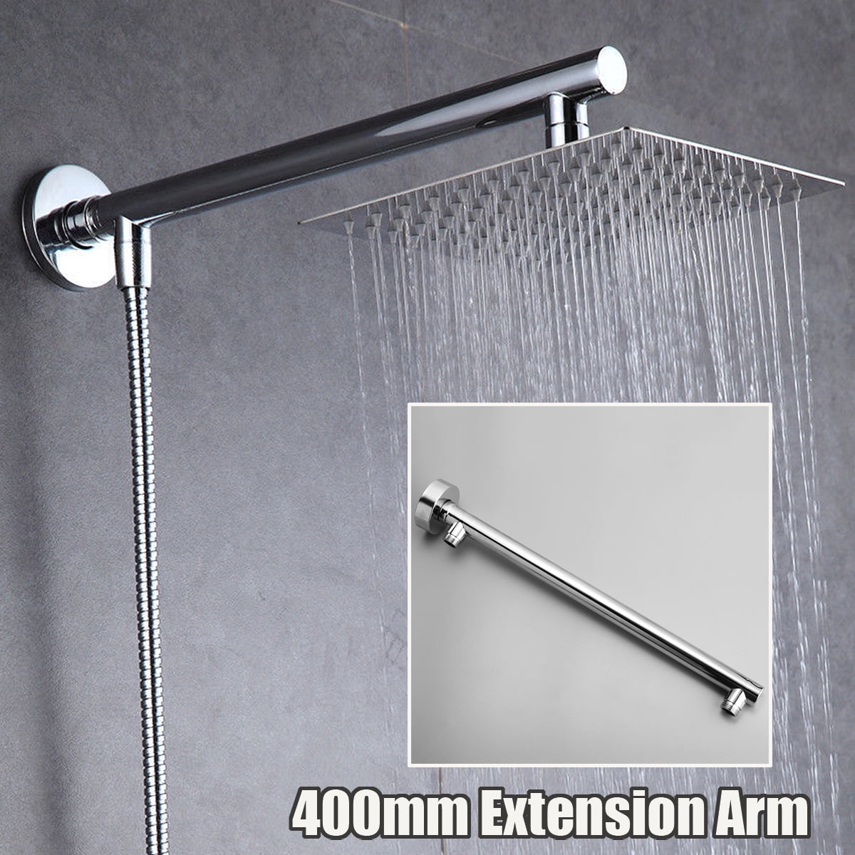 60cm Stainless Steel Shower Head Arm 24'' Wall Mounted Tube Rainfall F/ Bathroom 
