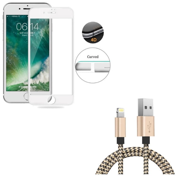 iPhone 8/7/6S/6 - 3ft USB Cable w Tempered Glass Screen Protector - Charger Cord Power Wire Sync, 4D Touch Curved Edge Full Cover Bubble Free Case Friendly for iPhone 8/7/6S/6