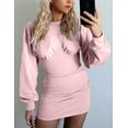 thumbnail image 4 of FANCYINN Womens Sweatshirt Fitted Bodycon Dress & Long Puffy Sleeves Stand Neck Mini Dress Pink S, 4 of 7