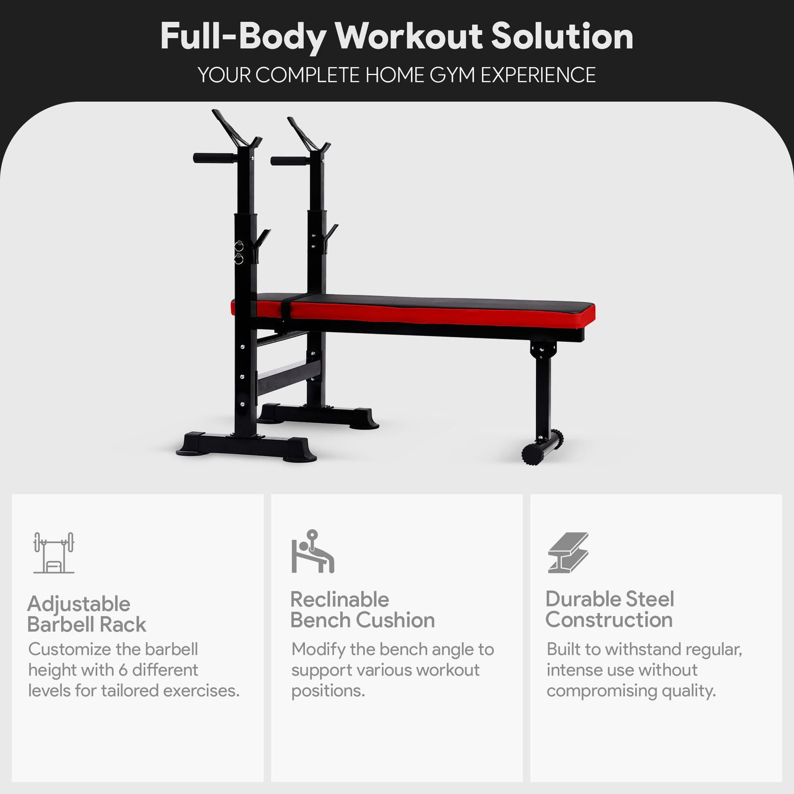 Favory Steel Weight Bench w/ Squat Rack,Foldable Home Gym Equipment for Range of Workouts w/Position Barbell Holder & Adjustable Seat and Recliner