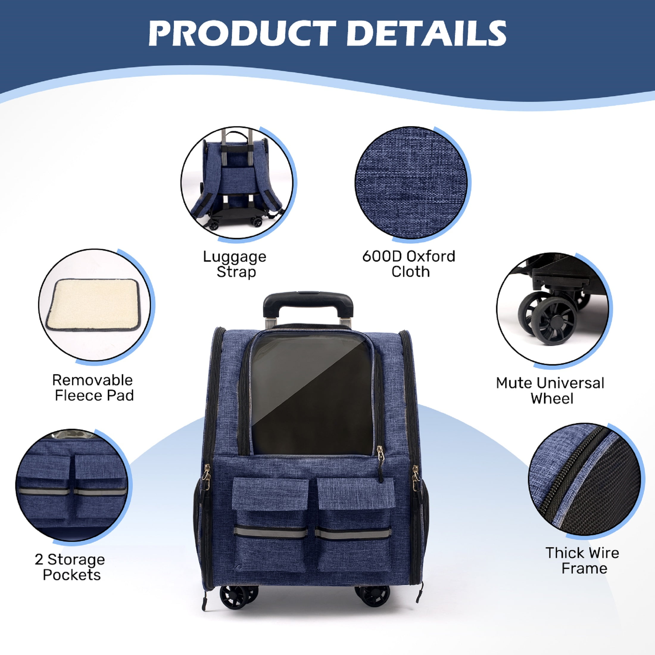 Portable and Breathable Pet Trolley Case Large Capacity Pet Air Case Going Out Dog Cat Suitcase, Blue