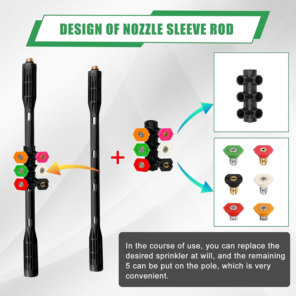 INTELIVE 109inch Pressure Washer Extension Attachment Wand Set with 6 Straight Rods and 1 Gutter Cleaning Curved Rod, Quick Connect with 6 Nozzle Tips for Roof Drainage Ditch, Exterior Walls