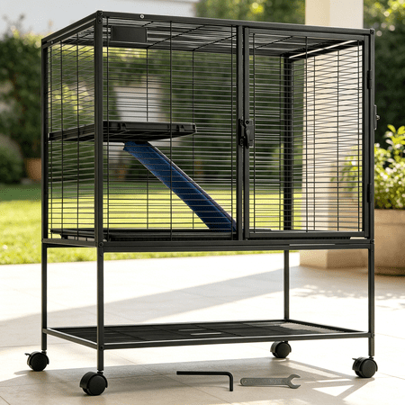 Black 2-Level Rolling Small Animal Cage for Ferrets, Chinchillas, Guinea Pigs with Ramp and Removable Tray