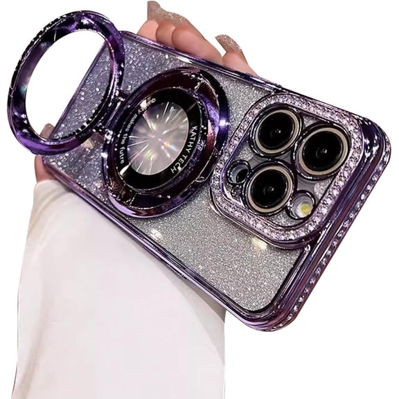 Magnetic Case for iPhone 14 Pro with Holder Stand,Rhinestone Glitter Plated Bling Luxury Phone Case（Compatible with MagSafe） Shockproof Kickstand Design for iPhone 14 Pro-Purple