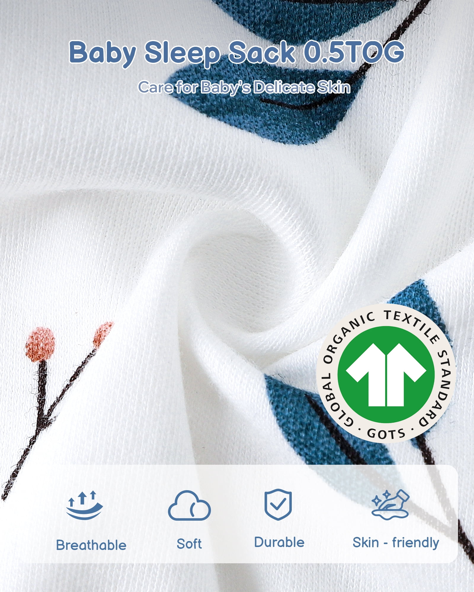 Baby Sleep Sack 0-6 Months, 100% Organic Cotton Wearable Blanket for Babies, 2-Way Zipper TOG 0.5 Lightweight Breathable Baby Sleeping Bag, 4 Sizes-S Animal&Plant&White