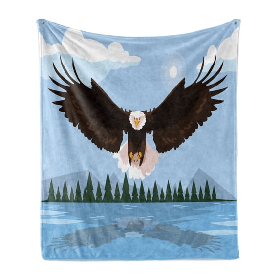 Eagle Soft Flannel Fleece Throw Blanket, American National Bald Falcon Bird Landscape Pattern, Cozy Plush for Indoor and Outdoor Use, 60" x 80", Pale Sky Blue Dark Brown, by Ambesonne