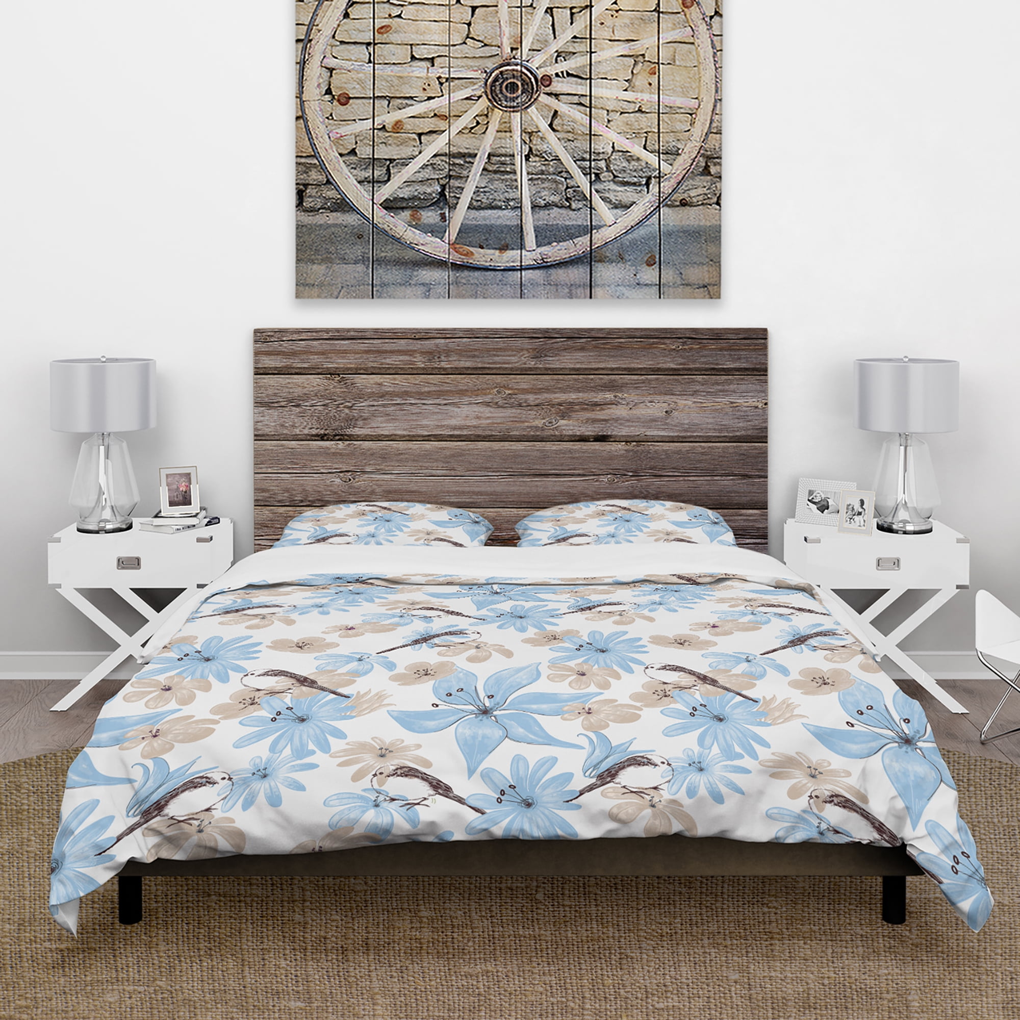 Designart 'Drawing of Blue Flowers with Little Bird' Floral Duvet Cover Set