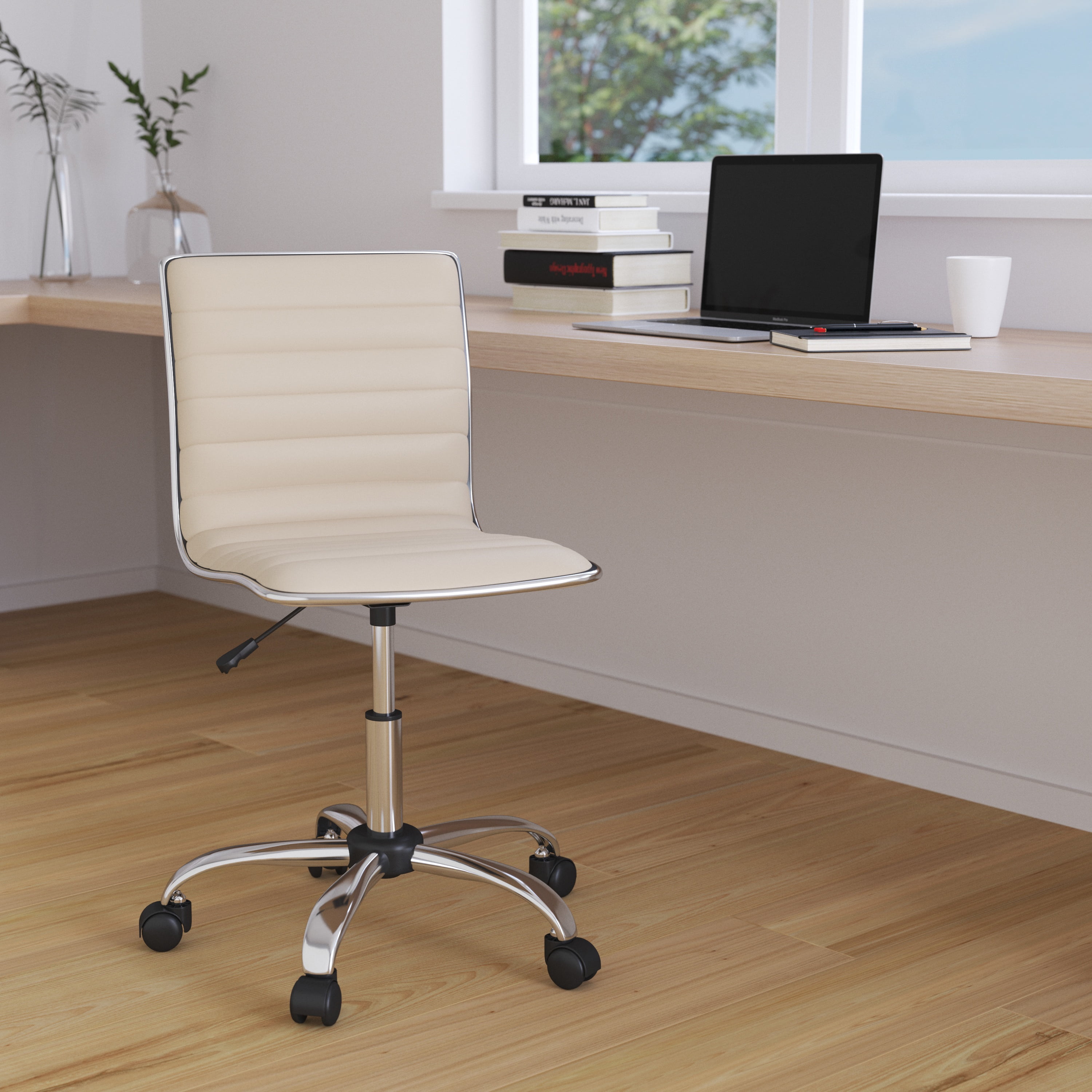 Merrick Lane Home Office Chair Ergonomic Tan Ribbed Low Back and Seat Armless Contemporary Computer Desk Chair with Chrome Border