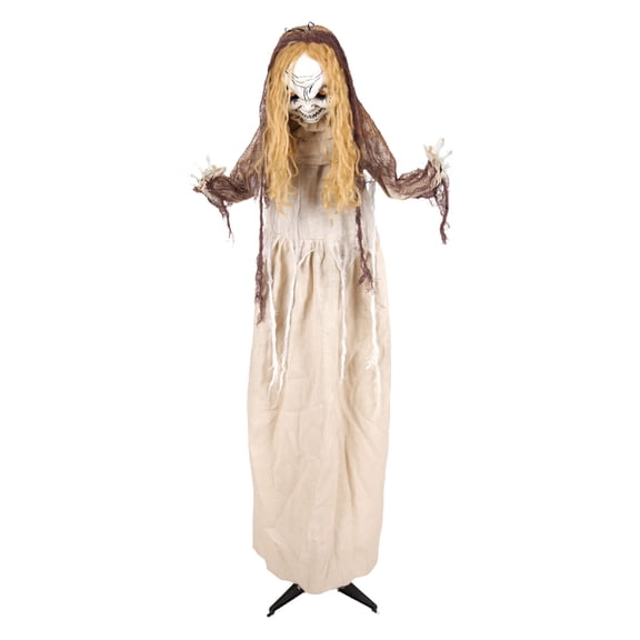 Haunted Hill Farm Red LED Battery-Powered Rising Head Creepy Girl Halloween Animatronic 3.9-Ft.