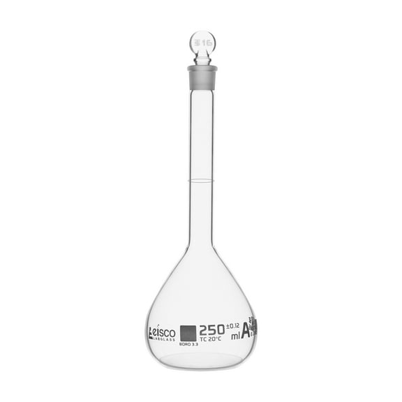 250ml ASTM Volumetric Flask w/ Glass Stopper - Class A - White Markings - Eisco Labs