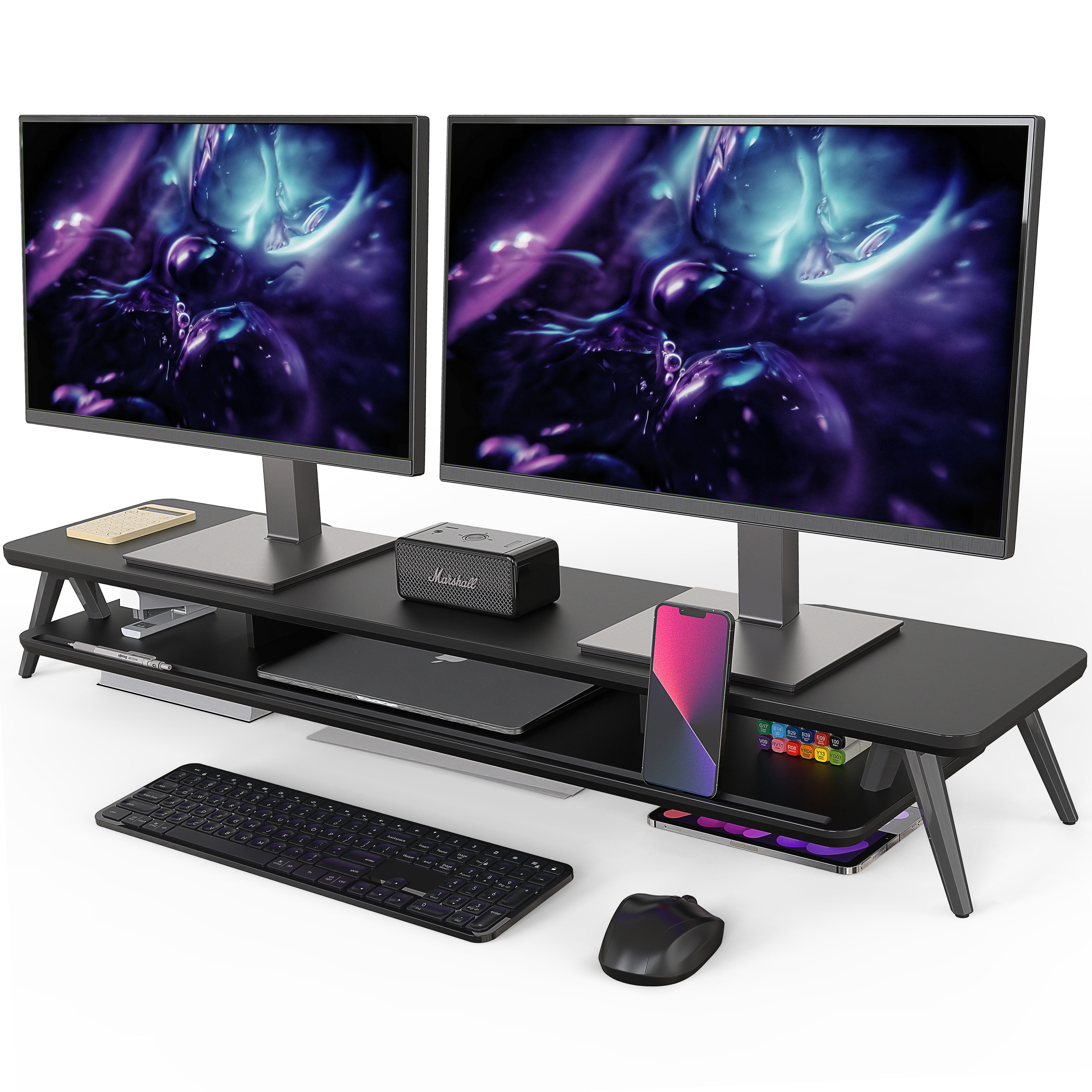 Fenge Dual Monitor Stand, Monitor Stands Riser for 2 Monitors, 42.5 Inch Monitor Stands Shelf with 12 Color LED Light for Office Desk