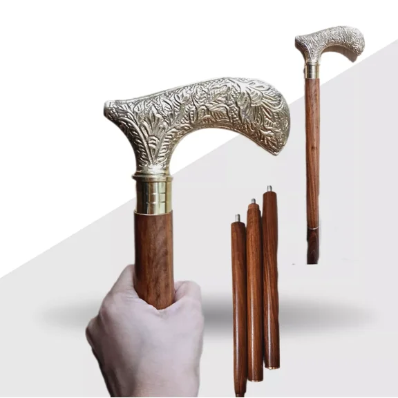 3-Fold Walking Stick with Brass Handle Portable Wooden Cane for Men & Women Antique Folding Travel Cane