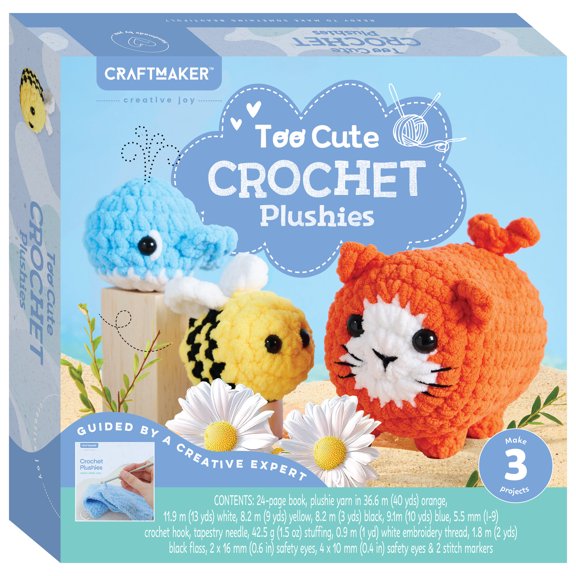 Craft Maker: Too Cute - Crochet Plushies - DIY 3 Plush Animals, Adult Craft Kit, Chenille Yarn, Hook, Stuffing, Safety Eyes, Guide Book, Art Activity