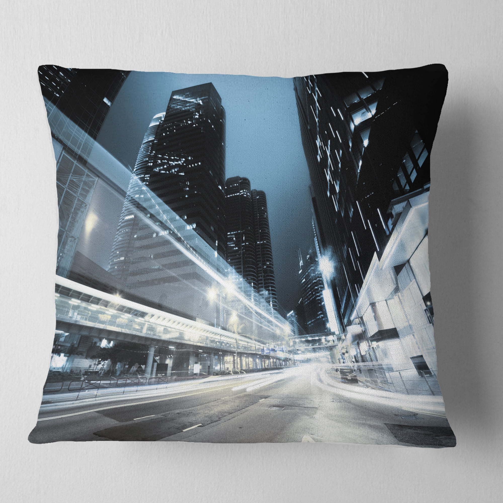 Designart Night Traffic in Hong Kong - Cityscape Throw Pillow - 18x18