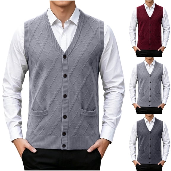 Hrsba Cardigan Sweaters for Men,Solid Color Button Knit Sweater Vest with Pockets for Fall