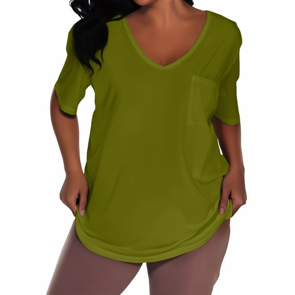 WTOBBY Women's Plus Size Casual Solid Color V-Neck Short Sleeve Pocket T-Shirt Top, Comfortable and Versatile Fit for Everyday Summer Wear,Army Green L