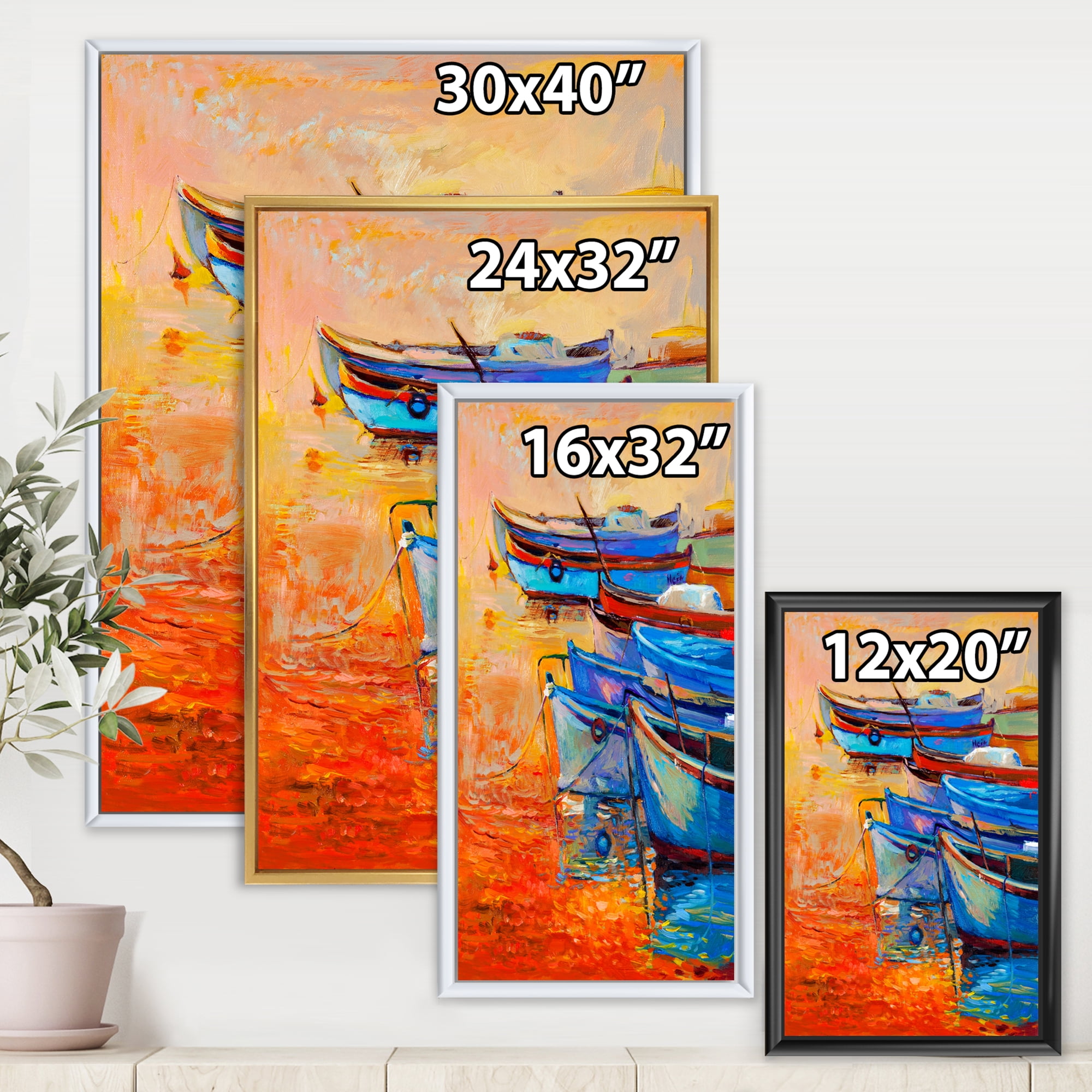 Designart 'Boats During Warm Sunset Resting On The Water VIII' Nautical & Coastal Framed Canvas Wall Art Print