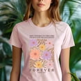 thumbnail image 5 of Christian Graphic T-Shirt No Weapon Formed Against Me Isaiah 54:17 for Women, Heliconia, Size M, 5 of 6