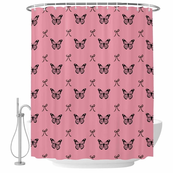 Pink Spring Butterfly Shower Curtain, Waterproof Shower Curtains for Bathroom, Black Bow Knot Washable Fabric Bathtub Curtain Set Bath Decor with 12 Hooks 72"x78"