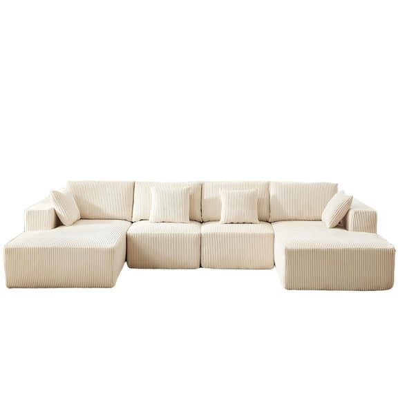 Modular U-Shaped Cloud Couch with Chaise - Corduroy Sectional Sofa, No Assembly Required, Beige