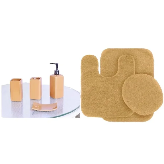 Gorgeous Home Linen 7-Piece Ultra Soft Chenille Non-Slip Bath Mat & Ceramic Accessory Set, Gold