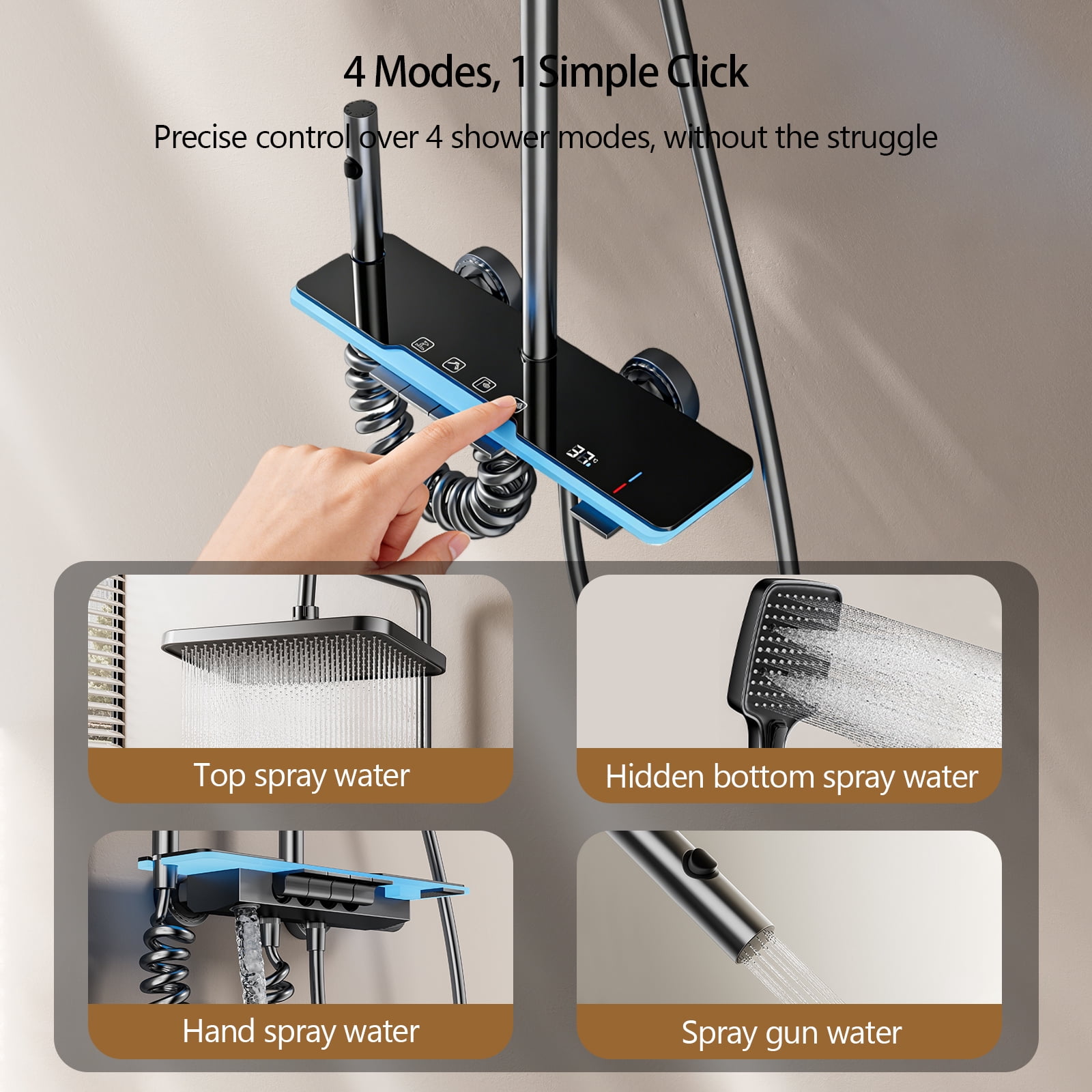 Shower System with Digital Temperature Display, Dual Shower Head Faucet Set with 12 Inch Rain Shower Head and Handheld Shower Head Fixtures, LED Piano Keys, 4 Water Outlet Modes, Gray